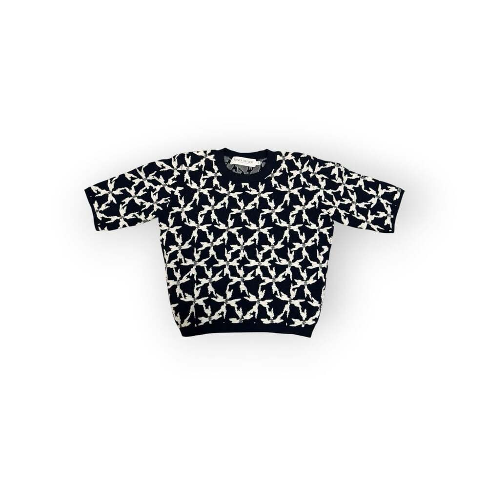 Tanya Taylor Short Sleeve Knit Sweater Size S Black White Graphic Pattern